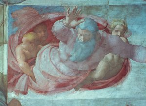 Capilla Sixtina: Dios Dividiendo las Aguas y la Tierra (pre restauración) (detalle) de Michelangelo Buonarroti